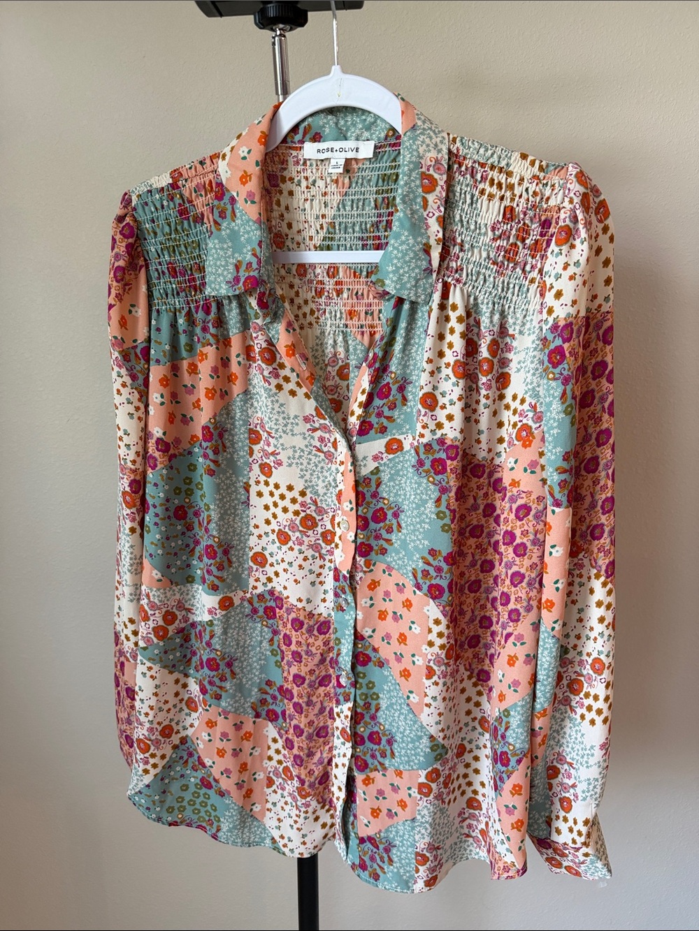 Rose & Olive Patchwork Floral Button-Down Blouse in Peach, Sage & Cream